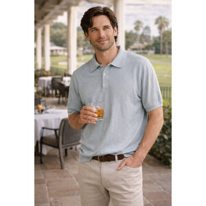 Stafford Mens Mint Mist Short Sleeve Silk Cotton Blend Polo Sweater Size M NWT